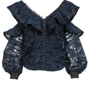 Self-Portrait navy blue black lace cold shoulder frill ruffle button front top 6